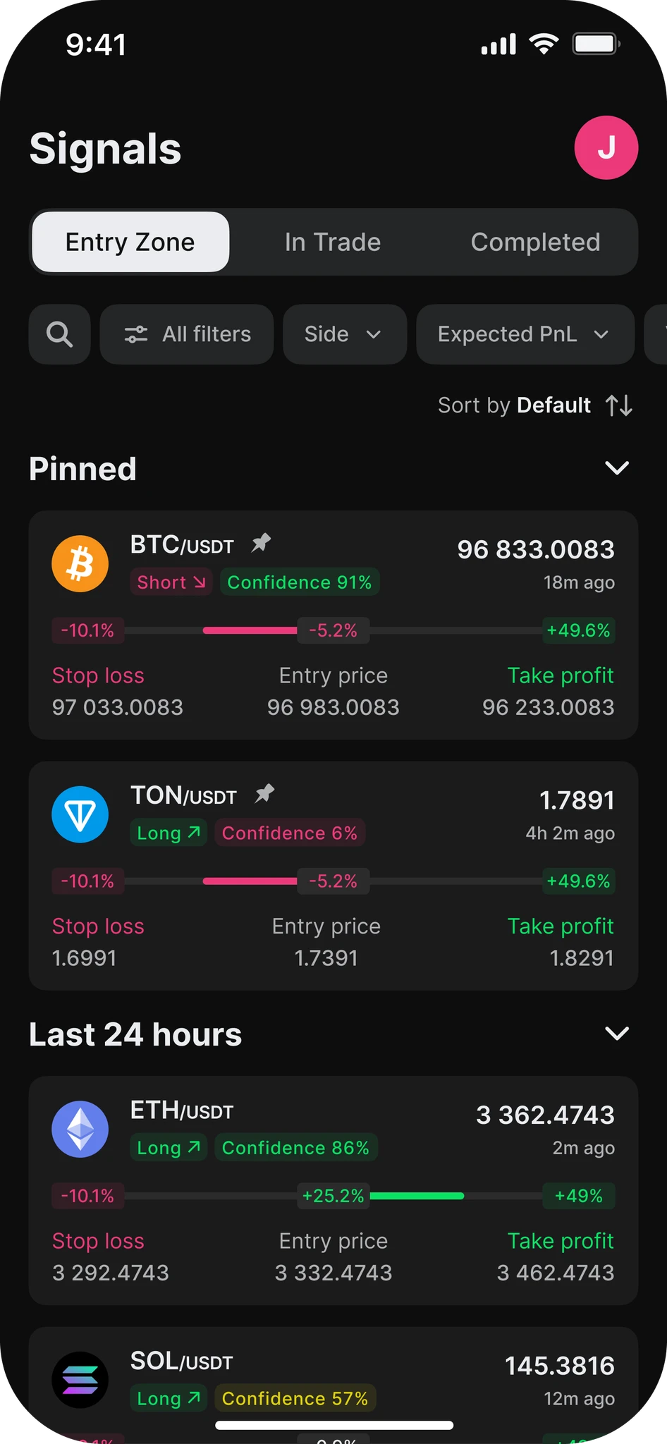 The Crypto Forecast app showing a list of signals with entry, stop-loss and target levels